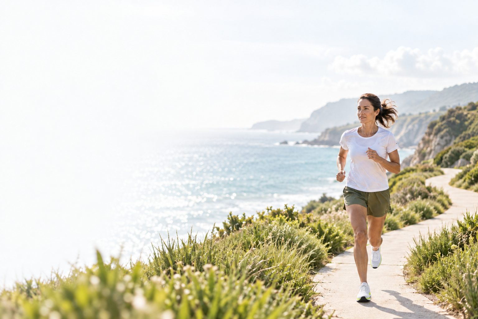 Runner on a coastal path wearing white FitX 01 running shoes.
