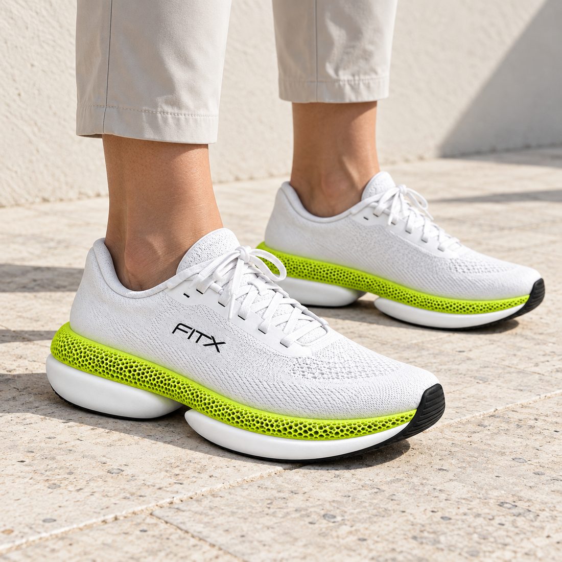 White FitX 01 running shoes with lime green lattice midsoles, worn on stone paving.