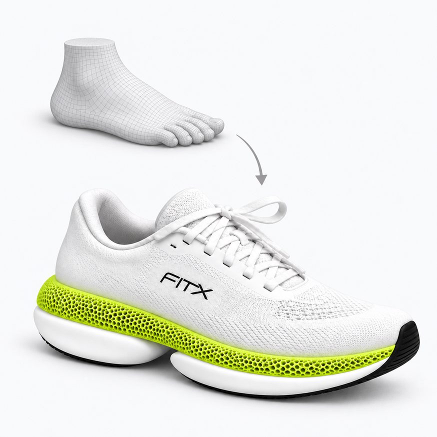A 3D scan of a foot, with an arrow to the FitX 01 made from it